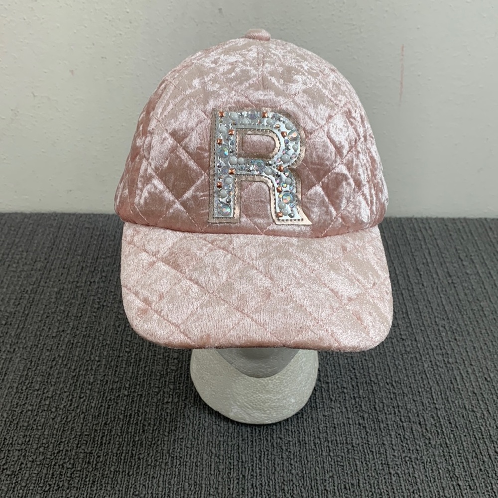 Justice Baseball Hat Girls One Size Light Pink Velour Quilted Bejeweled Initial